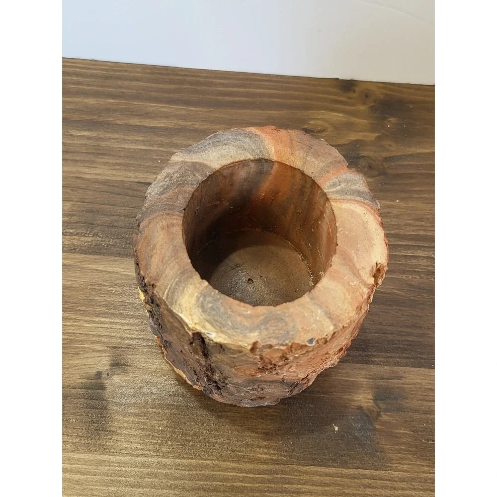 Kim Bird Signed Natural Wood Log Vessel Rustic Bark Pencil Holder Planter 4in